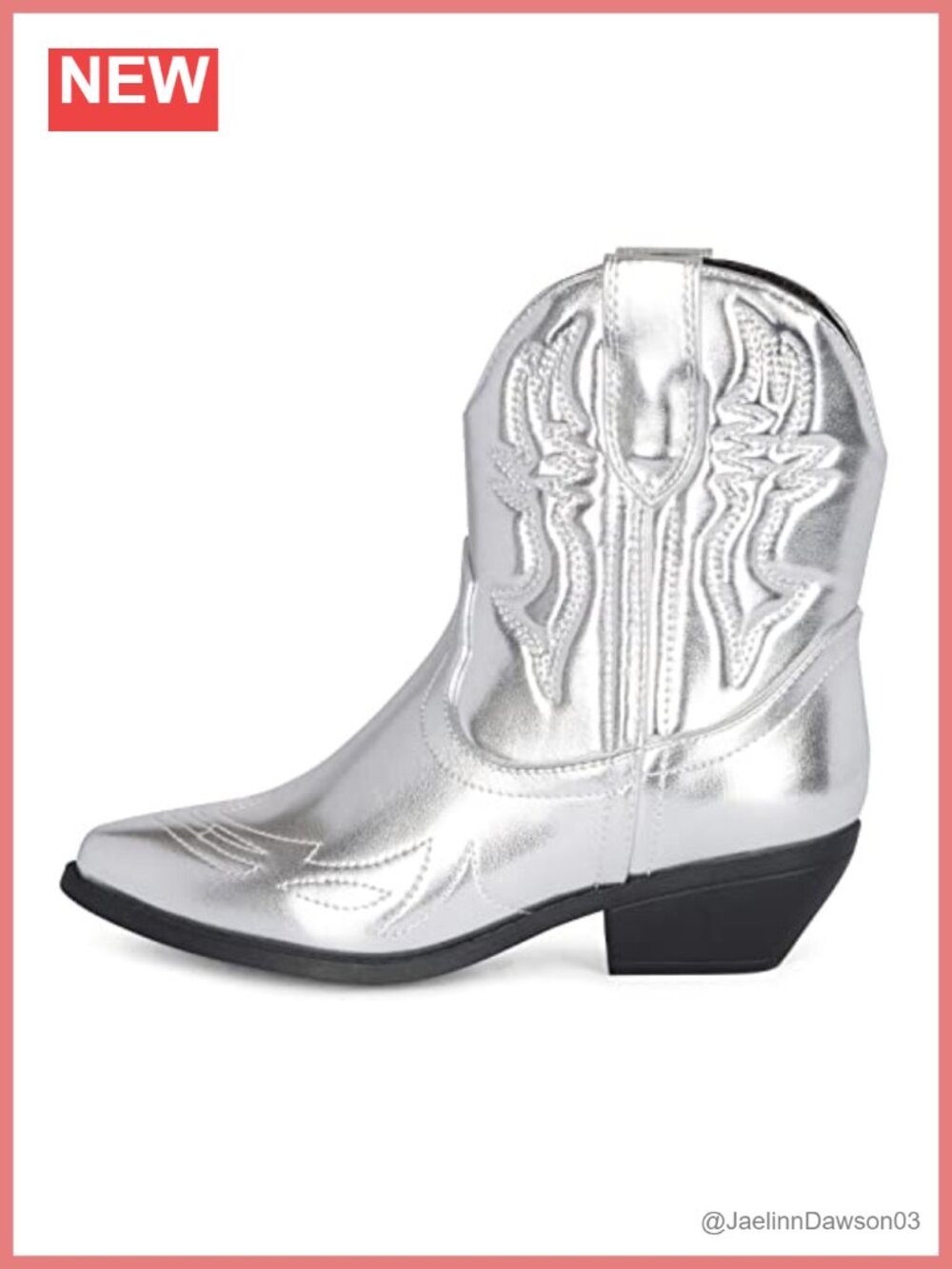 Metallic Pointed Toe Western Ankle Boots Stacked Block Heel Slip On Booties
